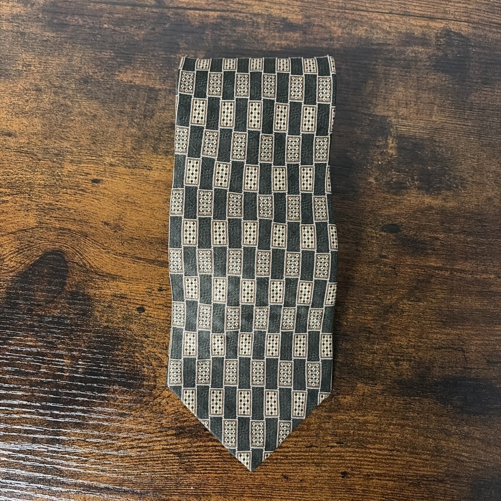 Vintage Kenneth Cole New York Tie Playing Card Pattern Brown Silk 60" USA Made